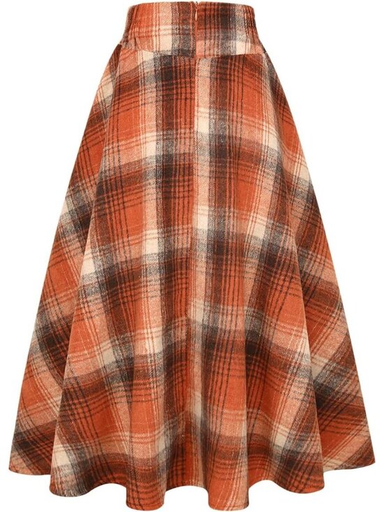 Women's Plaid Orange Fall Winter High Waisted Wool Plaid A-line Long Maxi Skirt - Picture 2 of 6